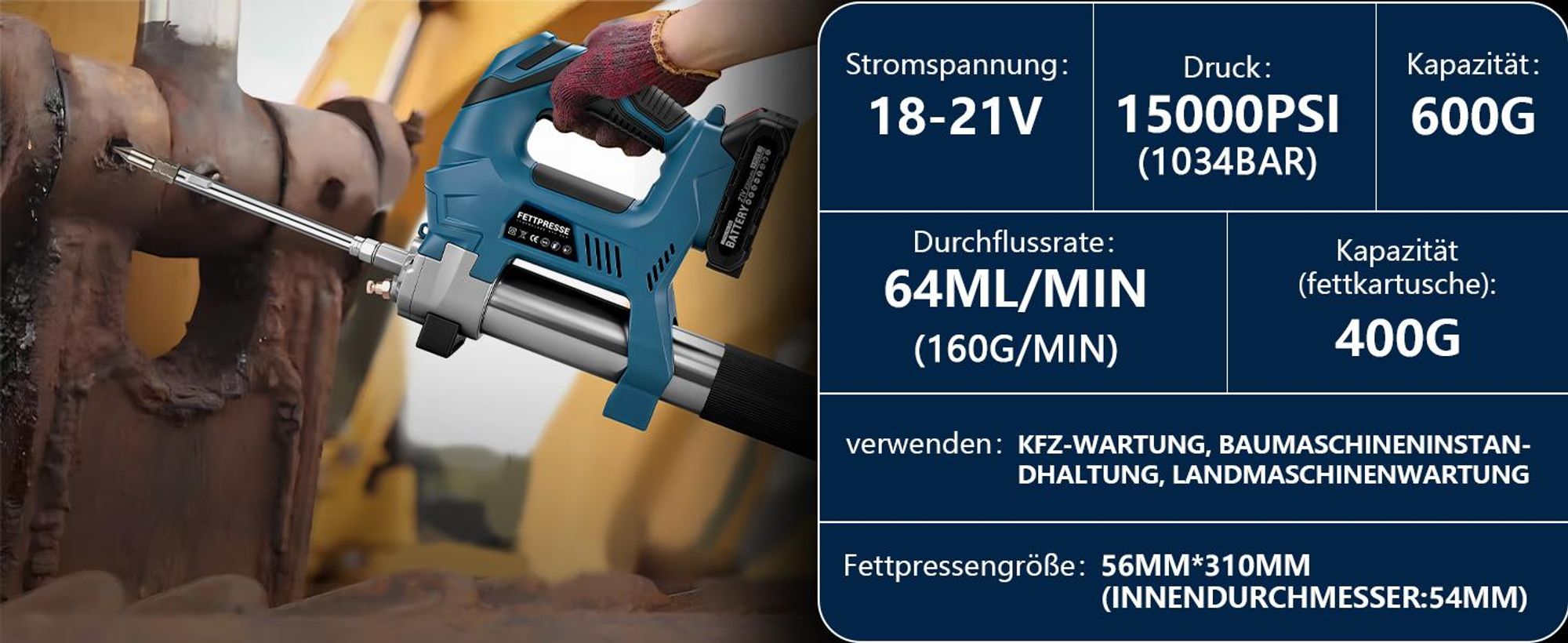 15000PSI Akku Fettpresse mit 2 Akkus, Mengenzähler Zyklische Dosierung LED-Licht, 2 Befüllarten. Schmierpressen Kartuschenpistole Für Lager, Maschinen