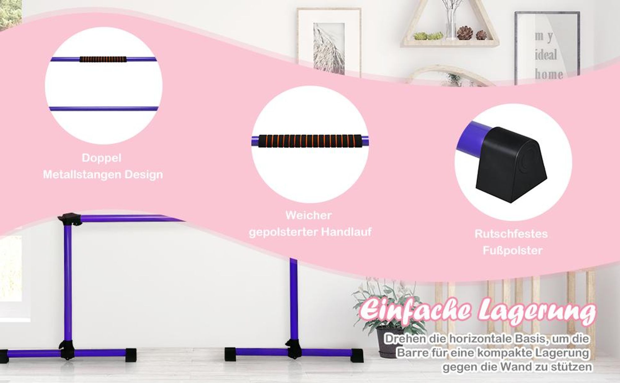 COSTWAY Ballettstange freistehend, Ballet Bar höhenverstellbar, Ballett Barre aus Eisen, Stretch Barre bis 50KG belastbar, ideal für Kinder und Erwachsene