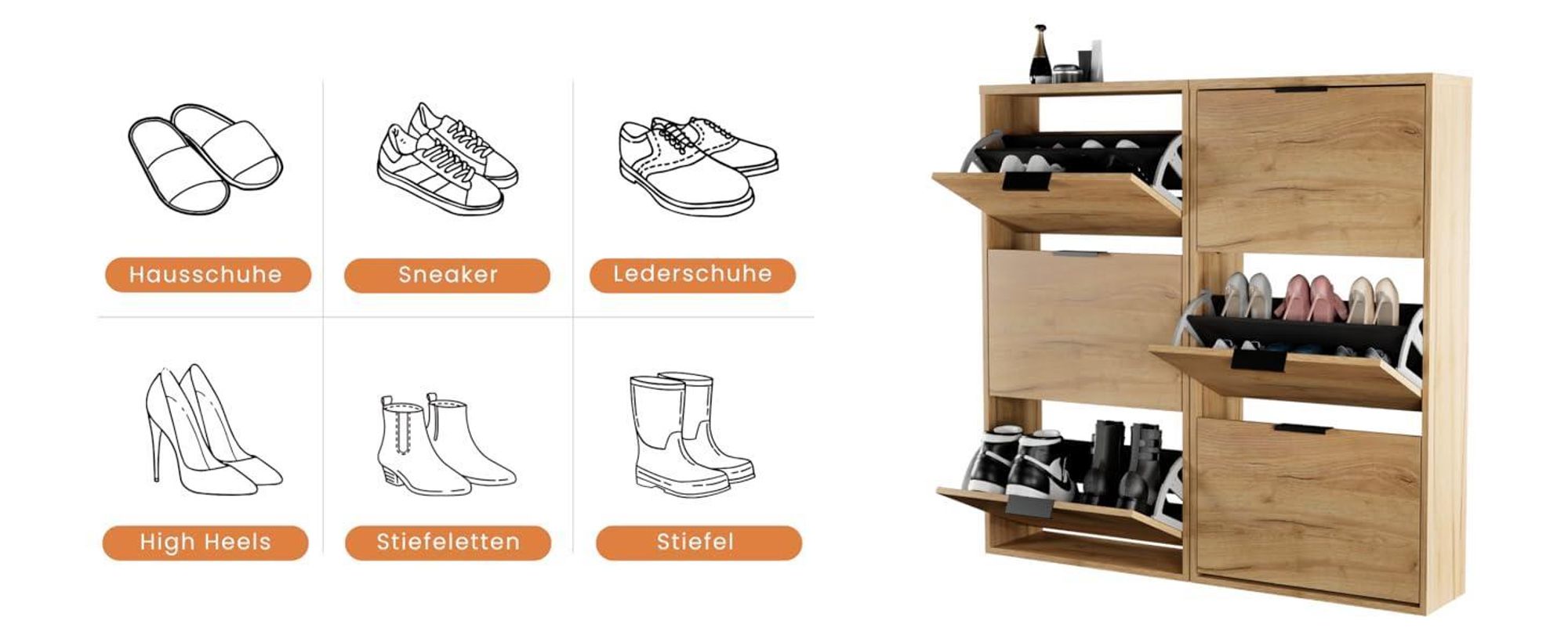 Planetmöbel Schuhschrank schmal 2 x 1 Klappe Schuhregal mit 2 Ablagen, schwarz