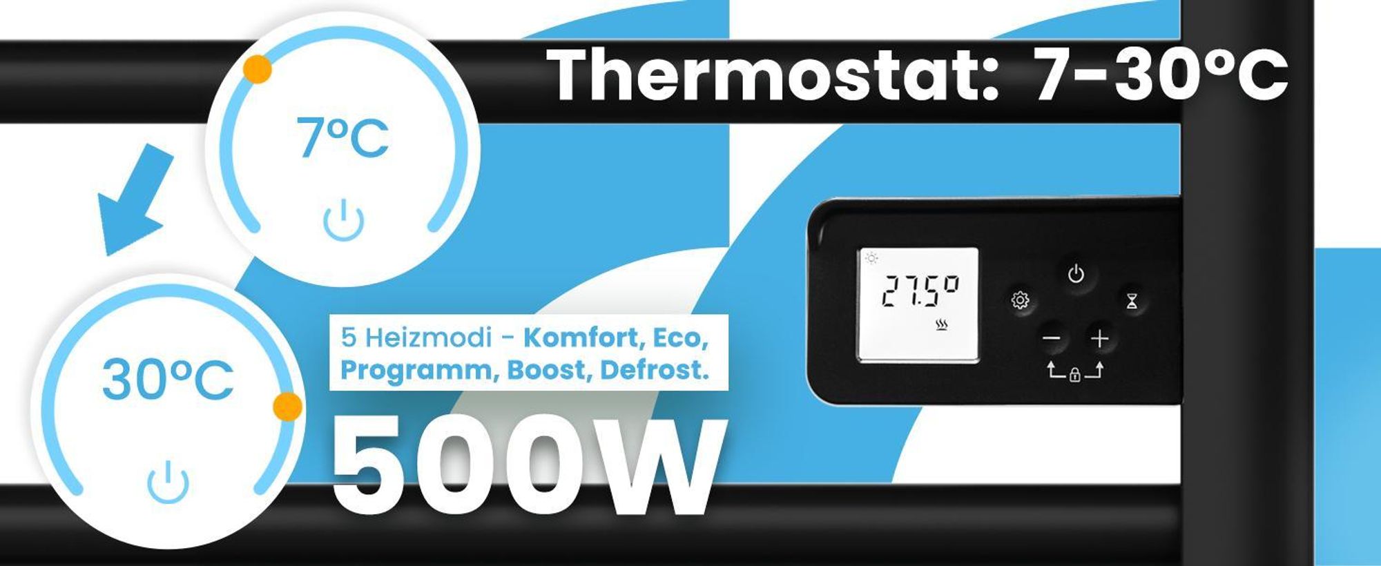 Badheizkörper Heizkörper elektrischer MalTec BH200W 970x535mm Handtuchtrockner Thermostat LCD Timer Schwarz