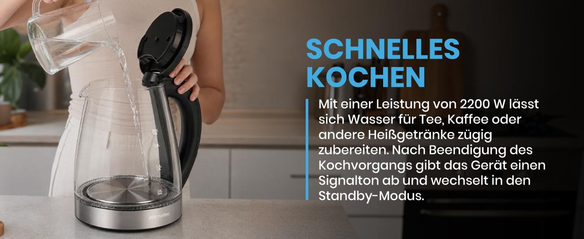 Elektrischer Glaswasserkocher mit einem Fassungsvermögen von 1800 ml Leistung 2200 Watt