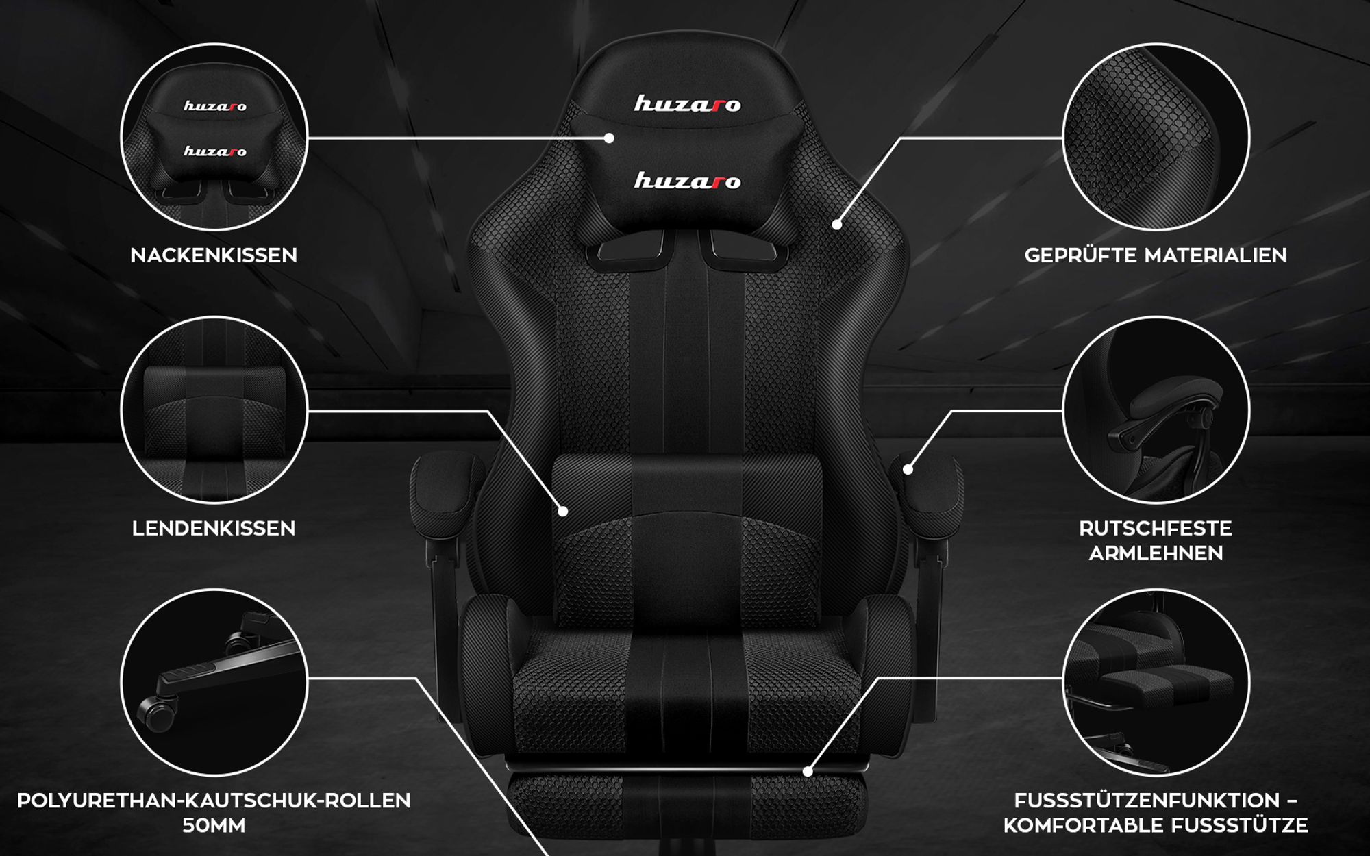 Huzaro Force 4.7 | Gaming Stuhl Bürostuhl Computerstuhl PC Chair | 90-140° Neigungswinkel Kopfstütze Lendenkissen Fußstütze Stoff | Schwarz