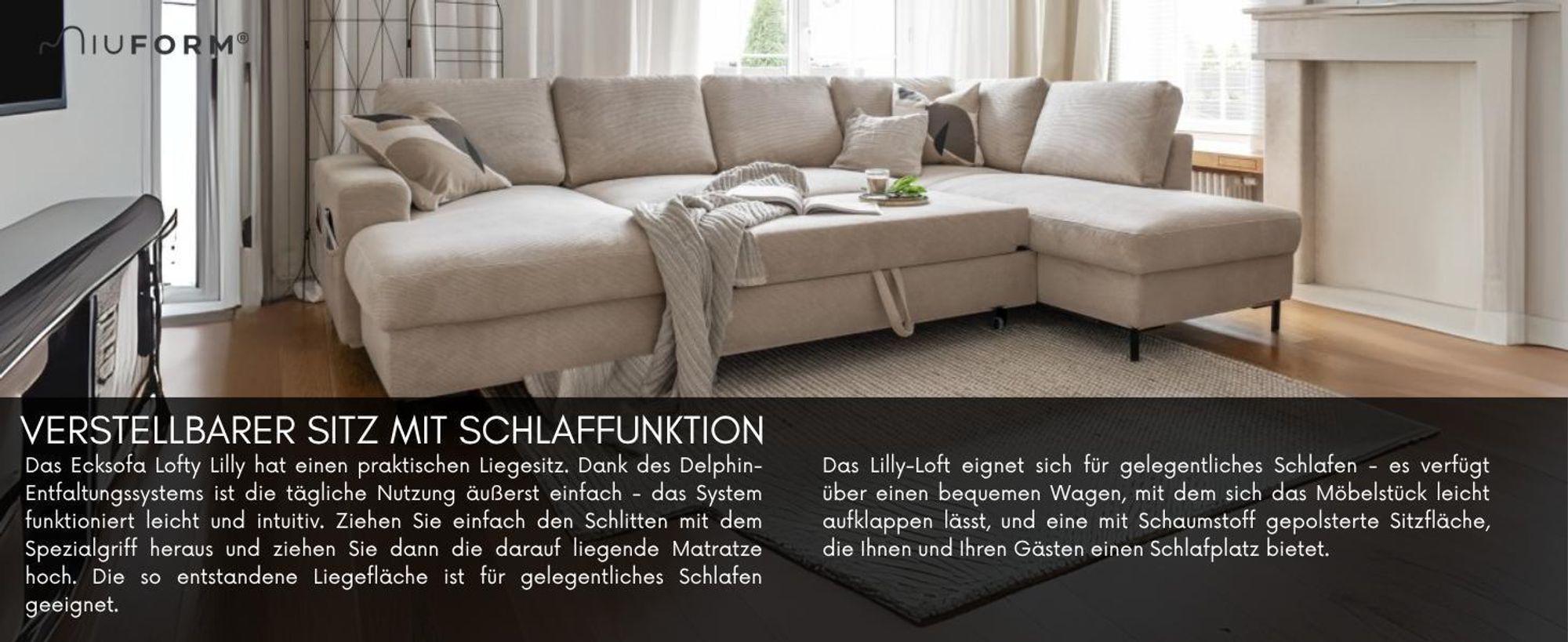 MIUFORM Lofty Lilly - Ecksofa mit Bettfunktion und Bettkasten U-FORM RECHTS - 303 x 197 cm - Grau - Sofa Schlafsofa Couch