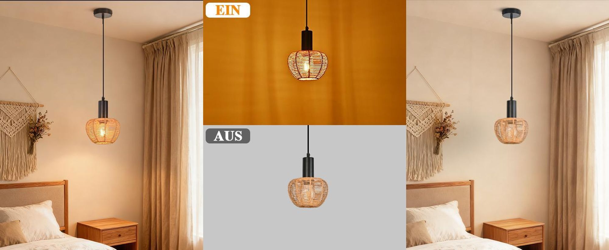 ZMH Hängelampe Boho Pendelleuchte Rattan 1 Flammig Esstischlampe Geflochten Hängeleuchte Lampenschirm Pendellampe für Schlafzimmer/Ohne Leuchtmittel