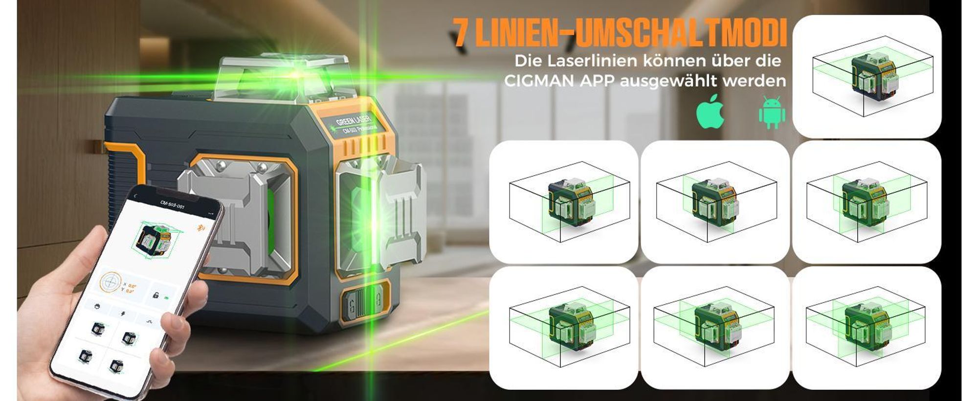 CIGMAN CM-S03 Kreuzlinienlaser 3x360° Grün mit App & LCD-Display
