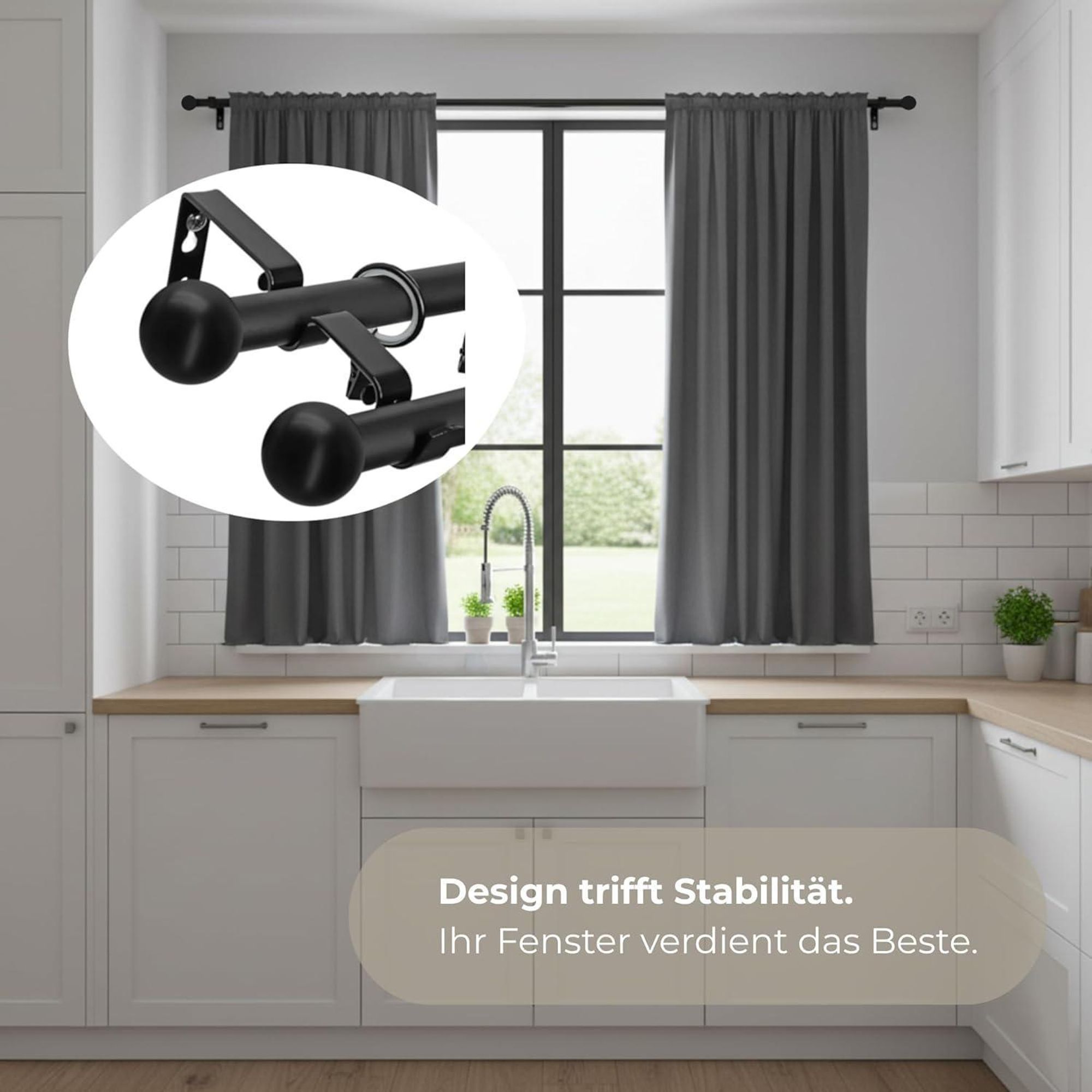 LOFT 140 cm Doppelte Gardinenstange Schwarz 19 mm aus Metall mit Endstück Basic Komplettset mit Ringen und Clips Inklusive Montagezubehörset