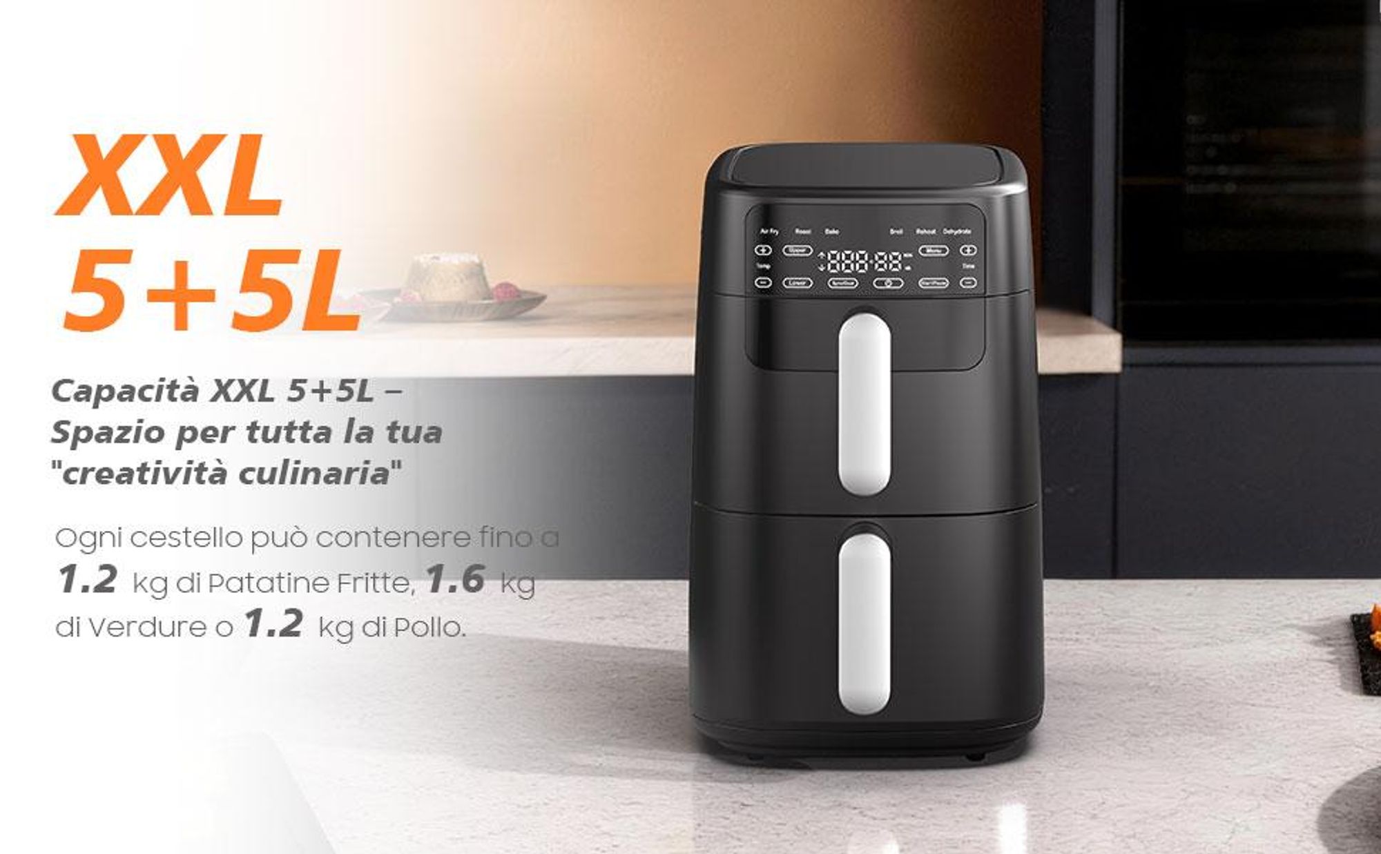 XXL 10L Friggitrice ad Aria Doppio Cestello 2700W, Circolazione 360°, Design Salvaspazio, 6 Programmi, Cottura Croccante con Poco Olio