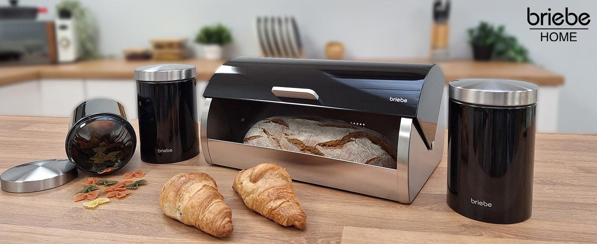Briebe BB1161 Set aus Brotkasten +3 Küchenvorratsdosen aus Robustem Edelstahl Modernes Design Schwarz/Edelstahl