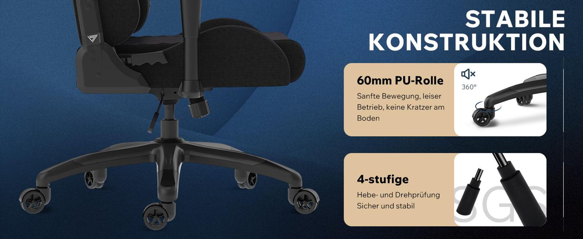 SENSE7 Spellcaster SENSHI XL Gaming Stuhl Stoff Schwarz - Ergonomischer Bürostuhl für große Personen 160kg Chefsessel Kaltschaum 2D-Armlehnen