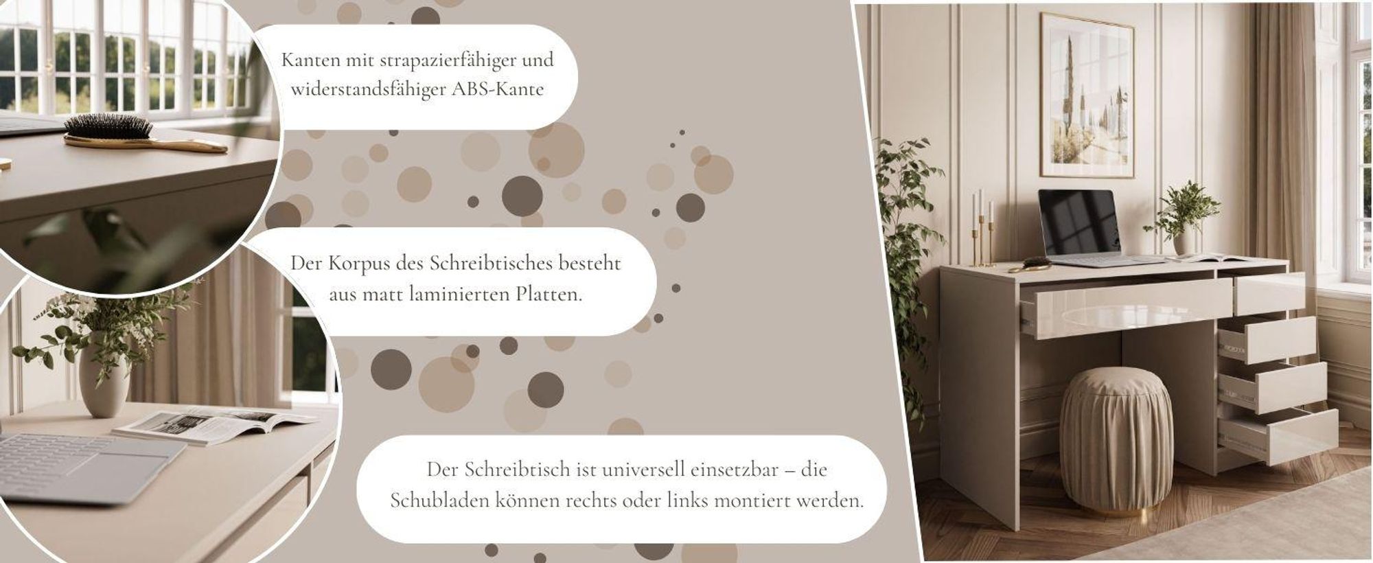 Schreibtisch MADA GLOSS Kaschmir Hochglanz mit Schubladen