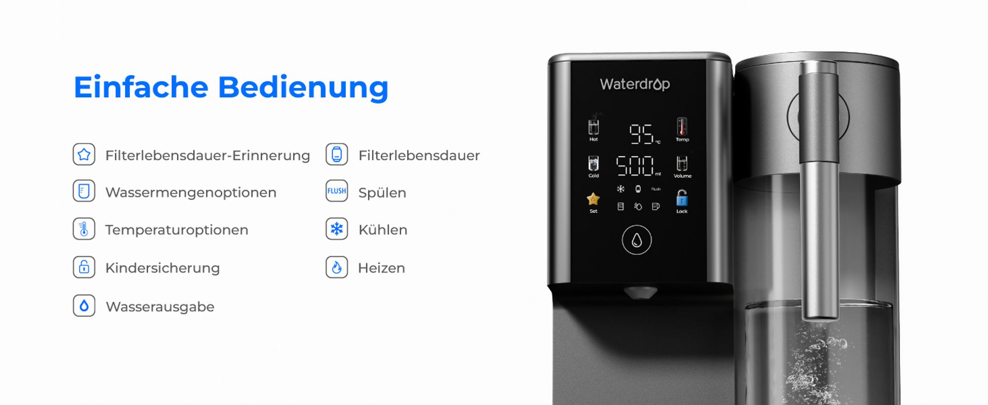 Waterdrop WD-A2 Arbeitsplatte Umkehrosmoseanlage, Heißes und Kaltes RO-System, Tragbarer Reinwassertank, Flaschenloser Wasserkühler