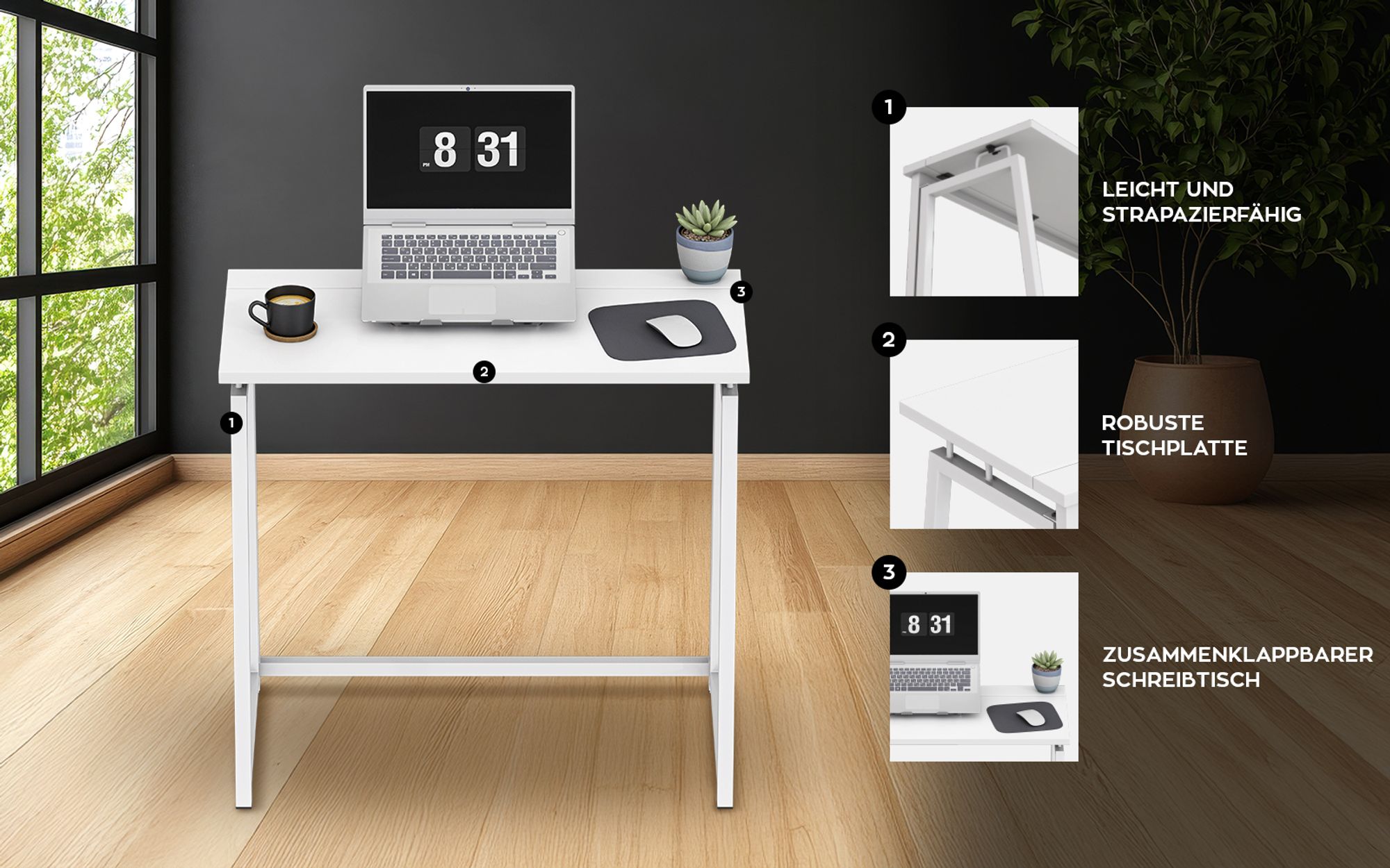 MARK ADLER Leader 1.5 | Industrial Klapptisch Faltbar Tisch Schreibtisch Platzsparendem | 80 x 40 cm | Stahlkonstruktion | Homeoffice | Weiß