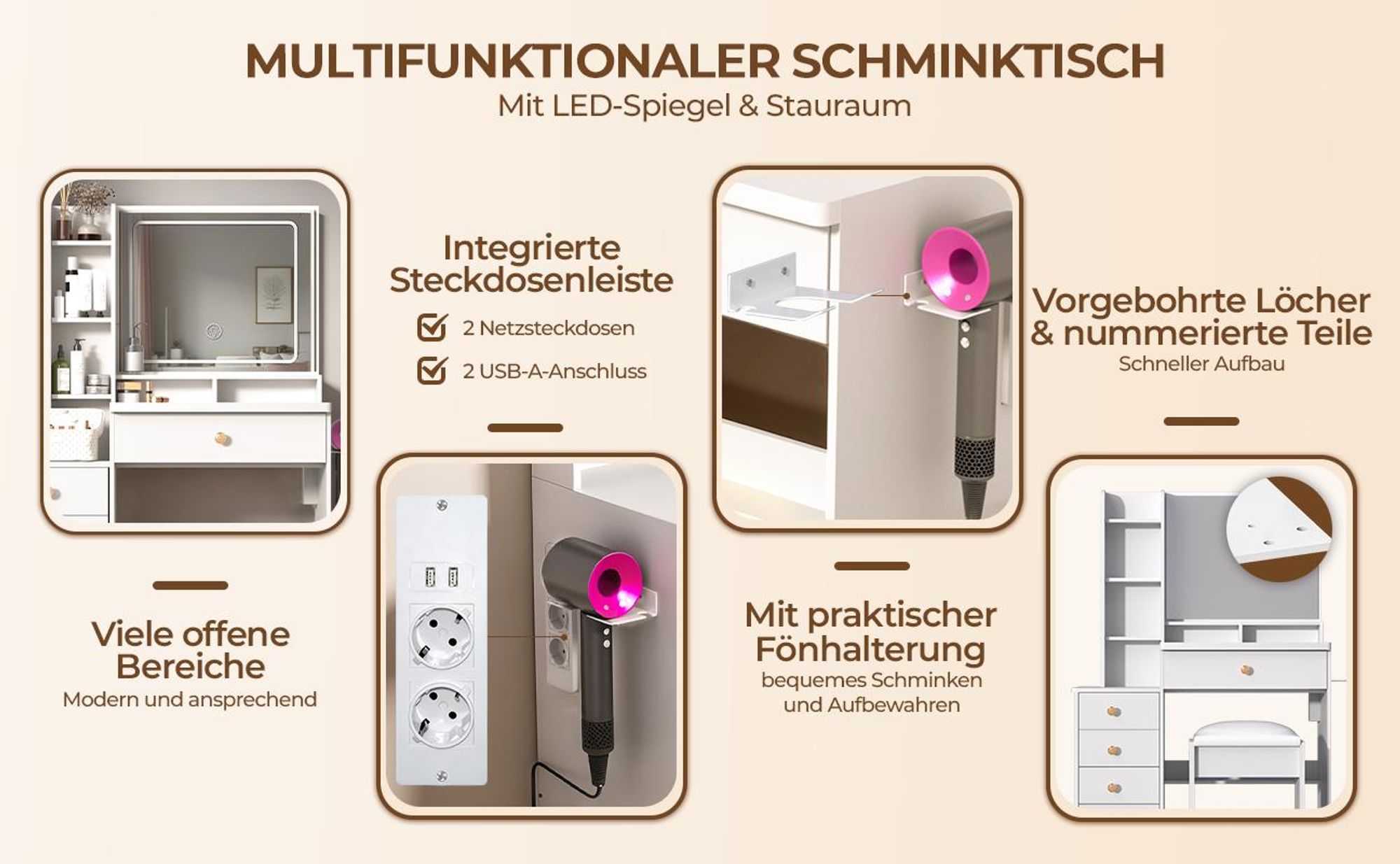 GLIESE Schminktisch mit LED Beleuchtung Spiegel, einstellbare Helligkeit, mit 5 Schubladen, mit 3 Beleuchtungmodi und gepolstertem Hocker, Weiß