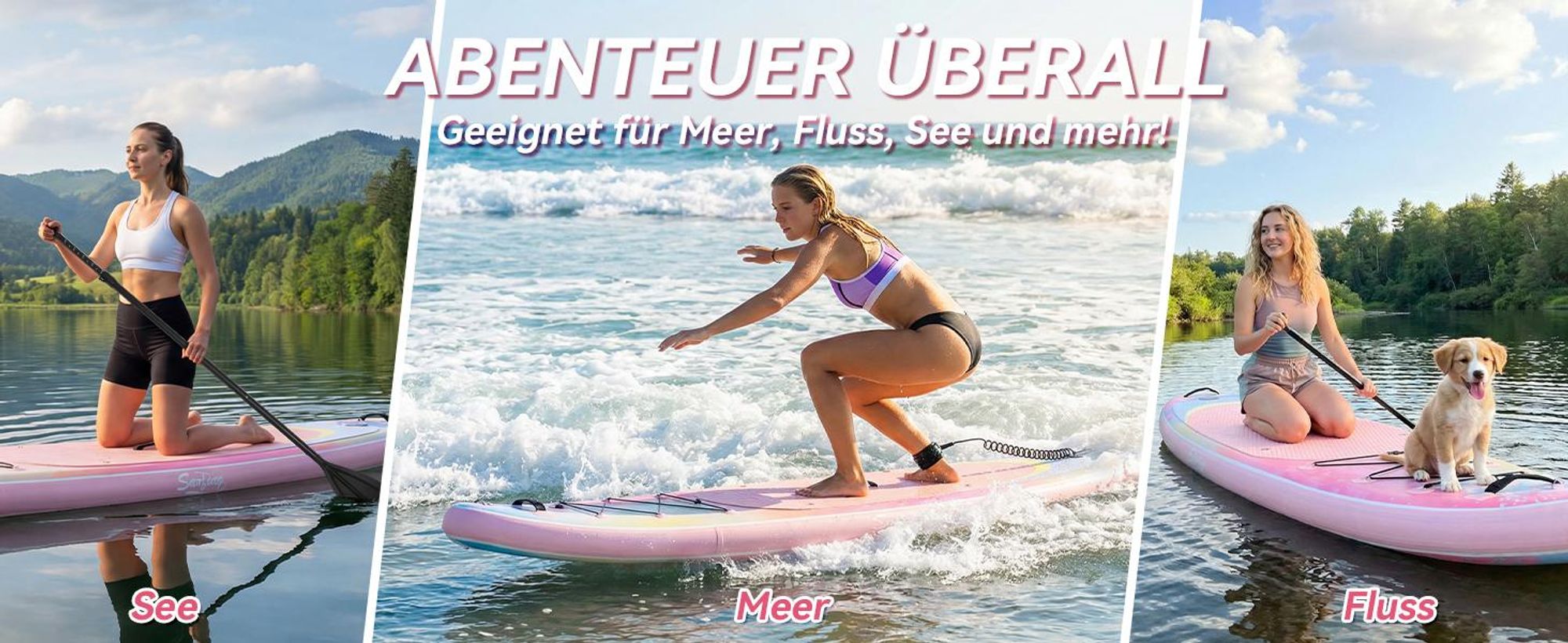 Puluomis SUP Board mit Sitz 335cm, Stand Up Paddle Boards Set, Paddling Paddelboard Surfbrett Aufblasbar, Pumpe Tragetasche, MB. bis 150Kg Pink Bunt