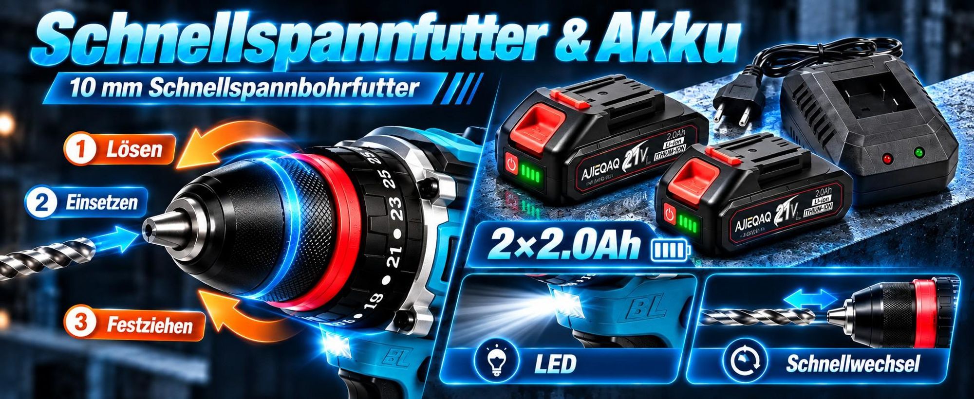 3-in-1 Akku-Schlagbohrschrauber 21V Brushless, 60Nm, 2×2,0Ah Akkus, 25+3 Drehmomentstufen, 2-Gang, 10 mm Bohrfutter, LED, Koffer