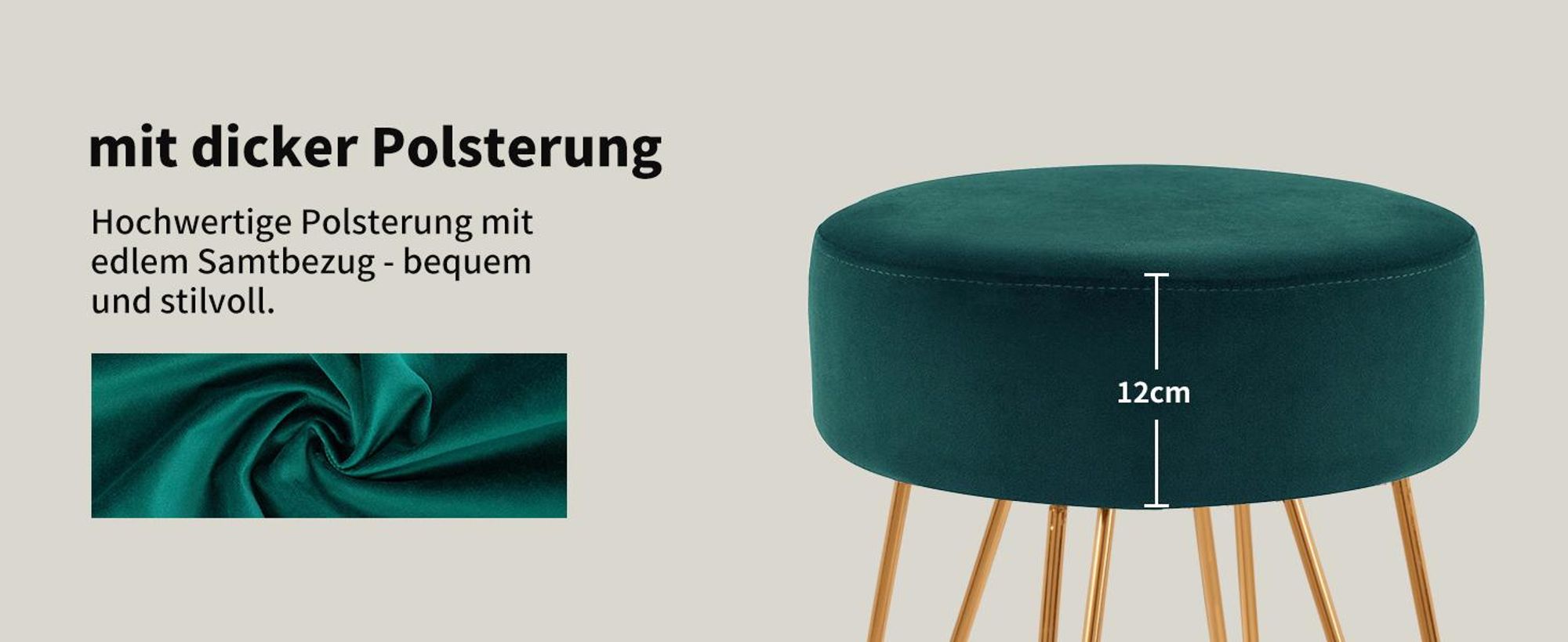 Duhome Sitzhocker Rund Polsterhocker aus Samt Hocker Schminktisch mit Metallbeine, Grün