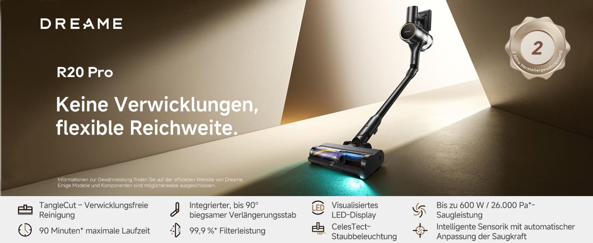 Dreame R20 Pro Akku-Staubsauger,Anti-Tangle Handstaubsauger, 90° biegsam,LED,bis 600W/26.000 Pa,für Teppich & Hartboden,CelesTect-Licht,bis 90 Min