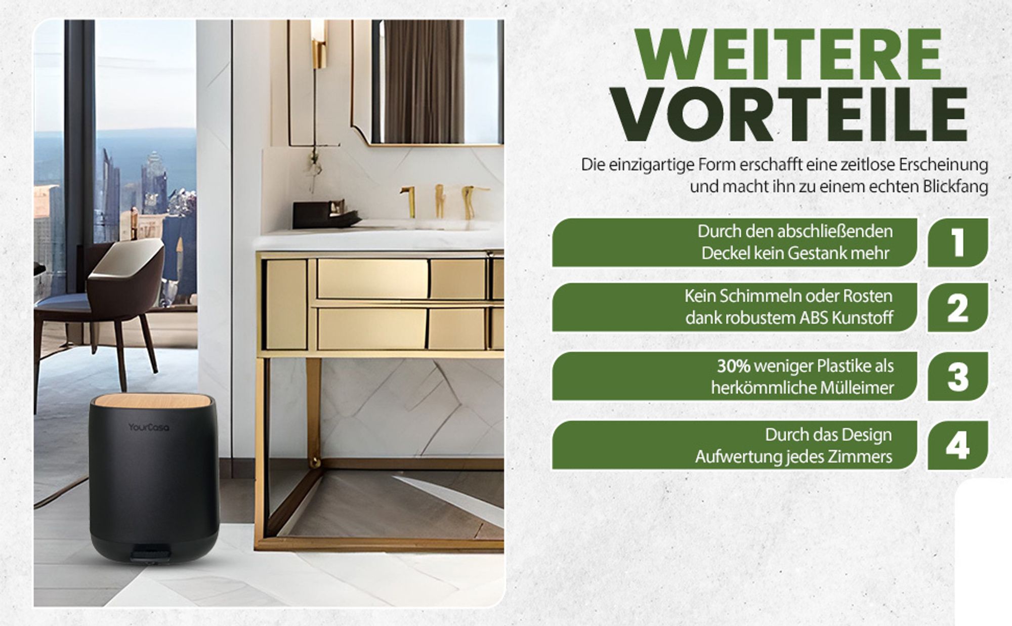 YourCasa Mülleimer Bad [5L] - Badmülleimer - Badezimmer Mülleimer Klein - Kosmetikeimer Bad Mülleimer mit Deckel und Softclose Abfalleimer Bad