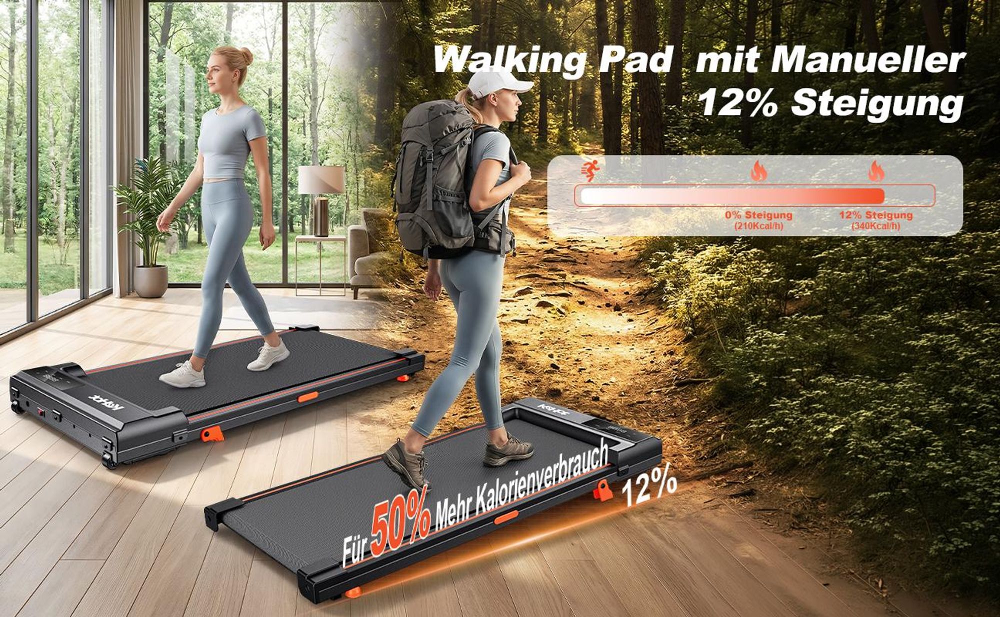 Laufband mit 12% Steigung -4-in-1-Laufbänder  – 1–6km/h einstellbar für Zuhause und Büro