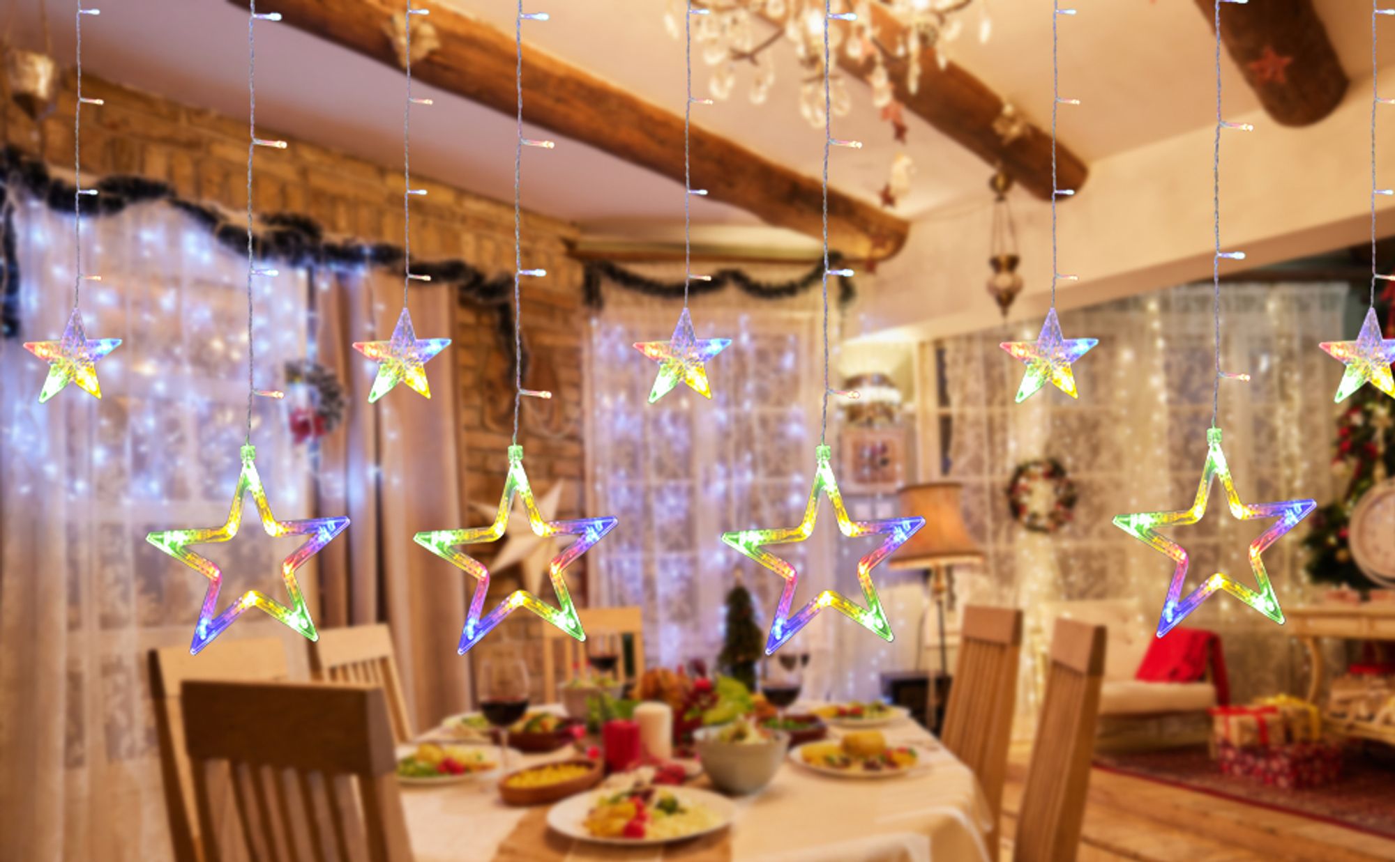 Lichterkette Sterne Strom 120 LED Weihnachtsbeleuchtung Fenster, 3.5x1m Lichtervorhang Fenster Weihnachten mit 12er Sterne,Weihnachtsdeko (bunt)