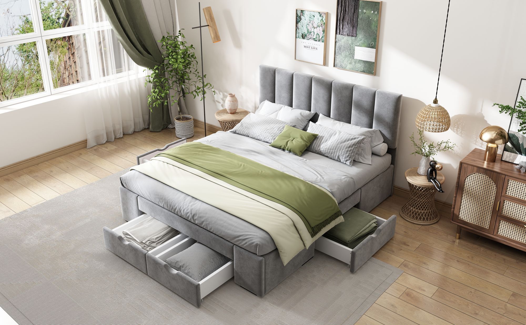 okwish Polsterbett 140 x 200 cm Doppelbett mit Lattenrost, mit Rückenlehne, 4 Schubladen auf Rädern, Heimbett, Samt (Grau)