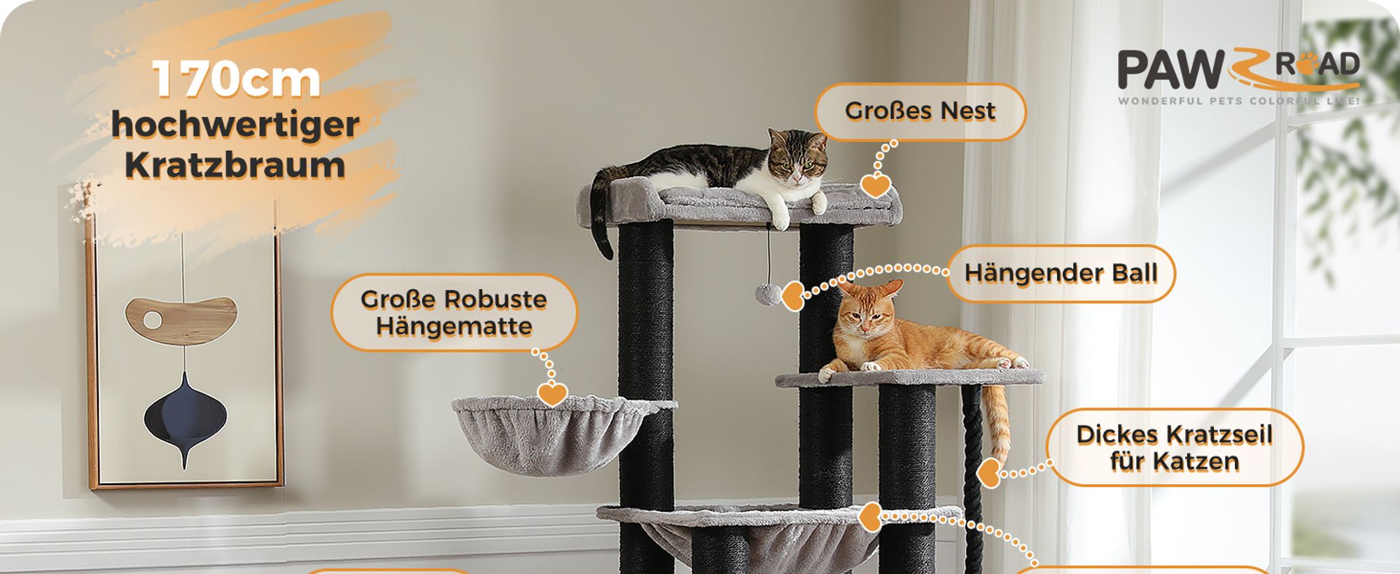 PAWZ Road Kratzbaum Grosse Katzen stabil mit 11cm Stämme, Kratzbaum XXL 170cm