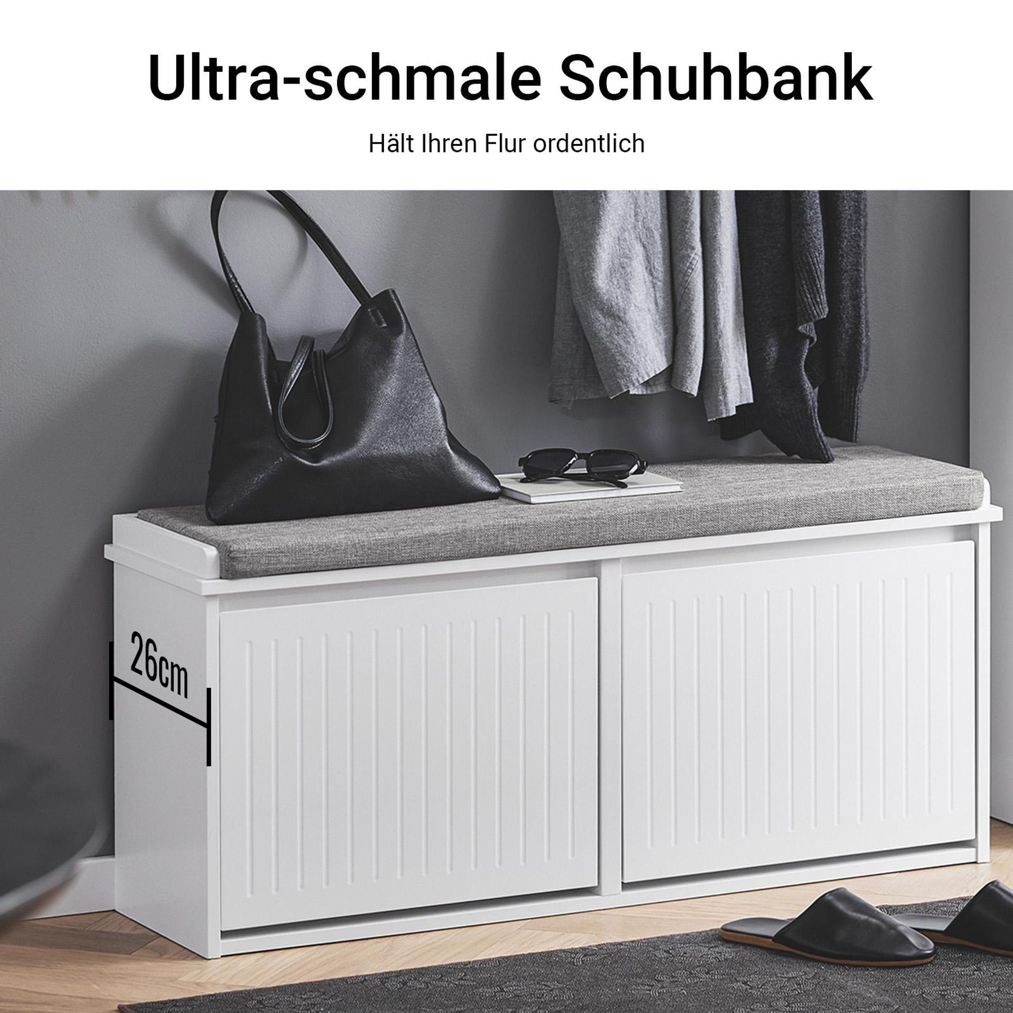 SoBuy Schuhbank mit Sitzkissen und Stauraum Sitzbank für Flur mit verstecktem Fach platzsparende Schuhbank Weiß für Eingang und Wohnbereich FSR98-XL-W