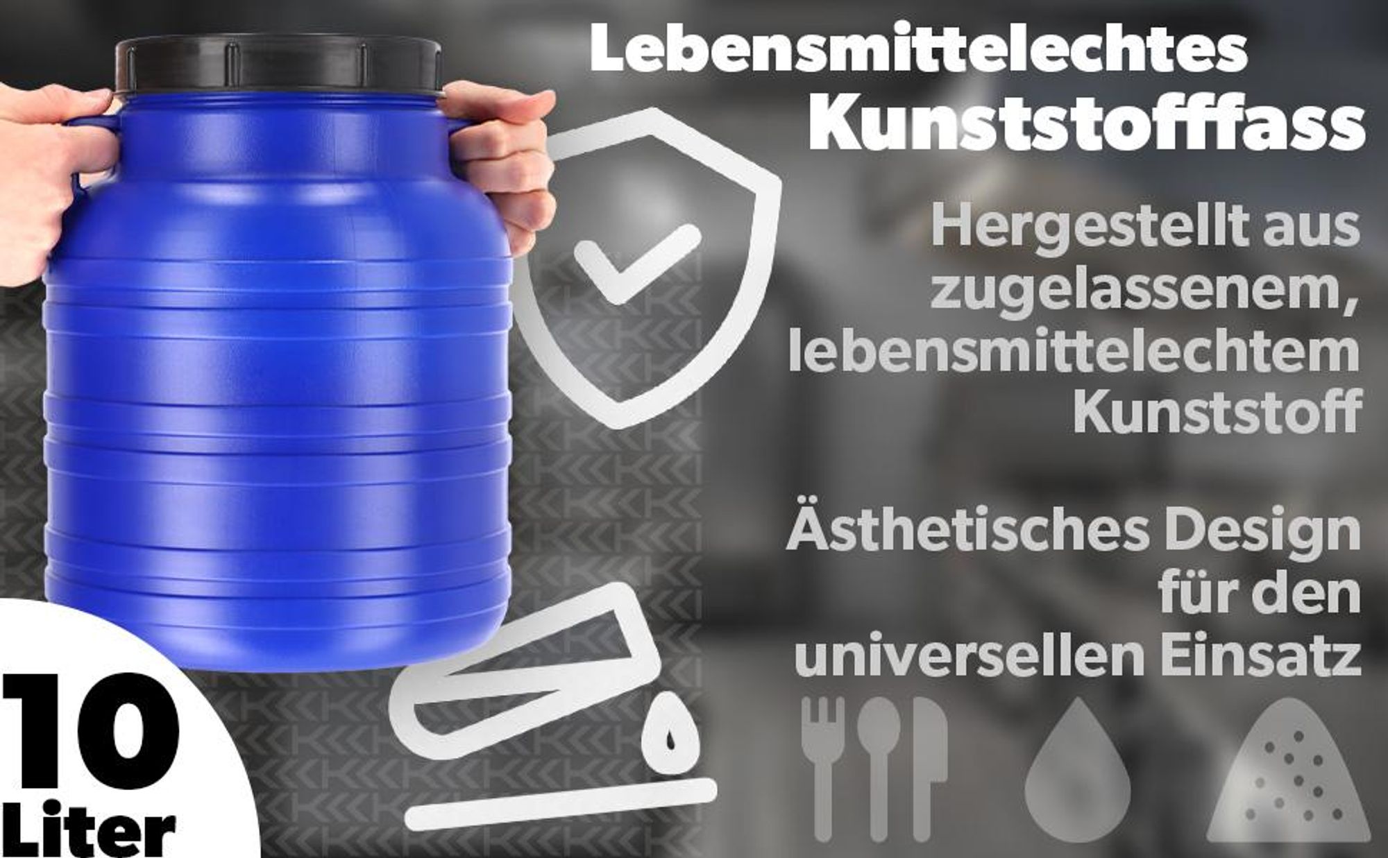 KADAX Regenwassertonne "Odda", Plastikfass, Weithalsfass, Blau, 10L