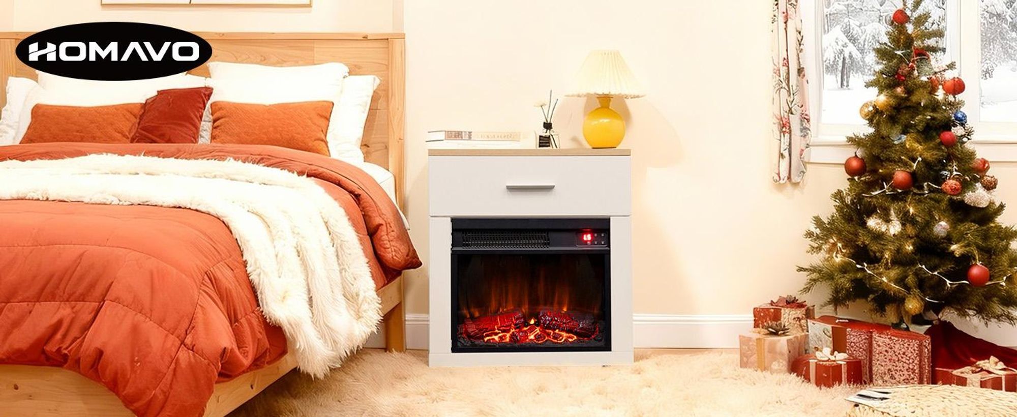 HOMAVO 14-Zoll Elektrokamin mit Heizung - 1000W - 3D Flammenfarben - inklusive Schrank