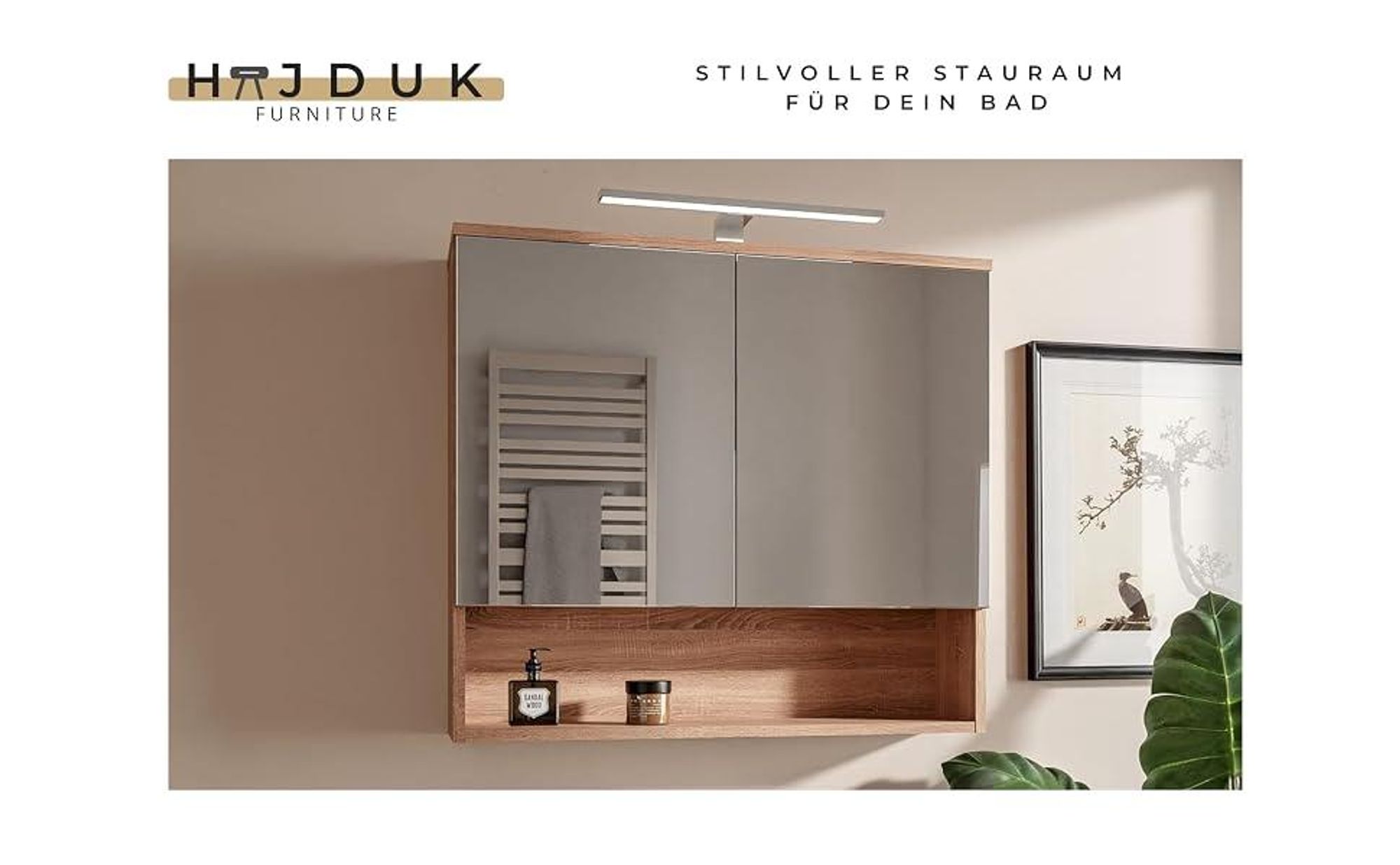 HAJDUK FURNITURE Eiche Sonoma 78x70 cm Spiegelschrank Bad mit 2 Spiegeltüren und Ablage Badschrank mit Grifflose Öffnung