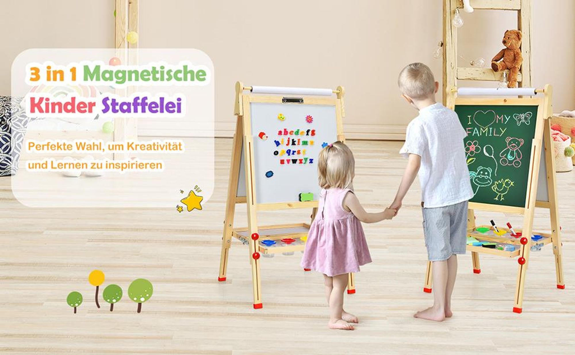 COSTWAY 3 in 1 Kindertafel aus Holz, Kinder Staffelei höhenverstellbar mit Whiteboard & Kreidetafel & Zeichenpapier, Magnettafel mit Ablage&Zubehör