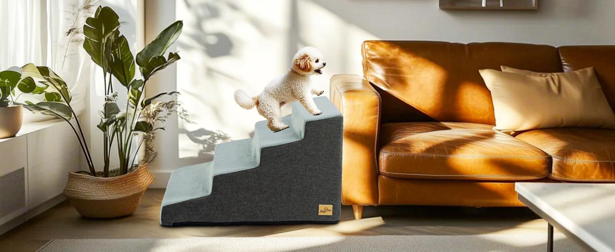 WISFOR 4-stufige Hundetreppe, Rutschfeste Haustierrampe Treppen, Abnehmbarer Bezug, Hundestufen mit hochdichtem Schwamm