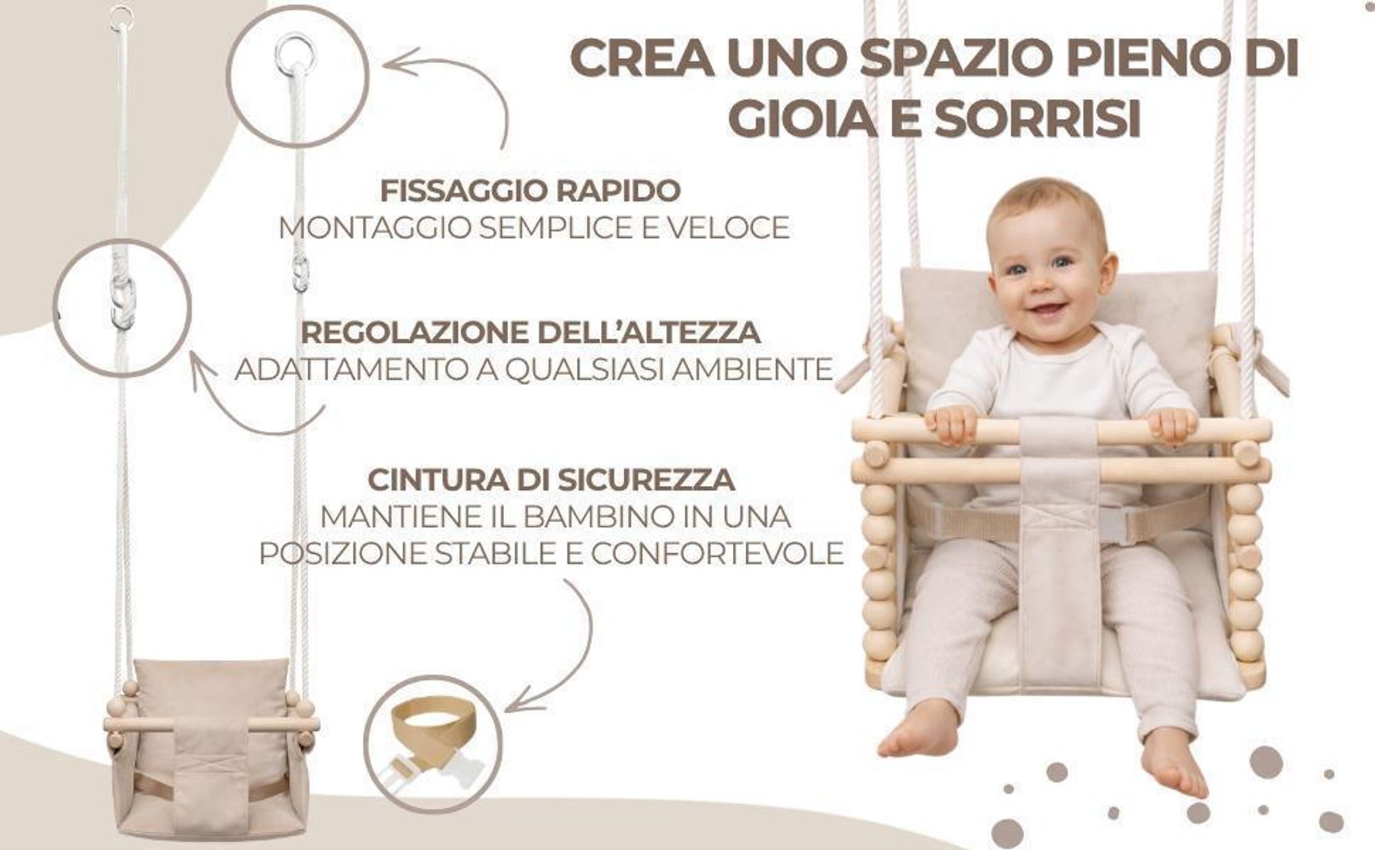 MAMOI Altalena per bambini con cintura di sicurezza, altezza regolabile 150–190 cm, altalena per la casa, struttura stabile, seduta in velluto