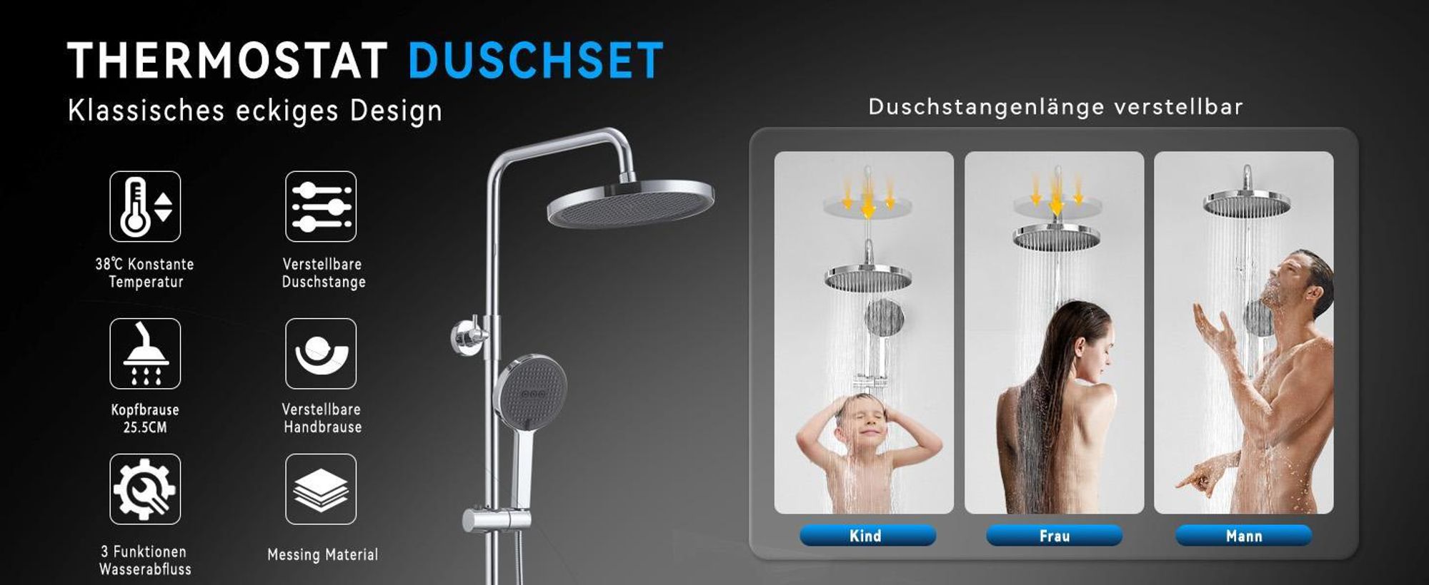 Homelody Duschsystem mit Thermostat,Regendusche Regenkopf Runde Duschsäule Duscharmatur 38℃,3 Strahlarten Handbrause, höhenverstellbar Duschstange