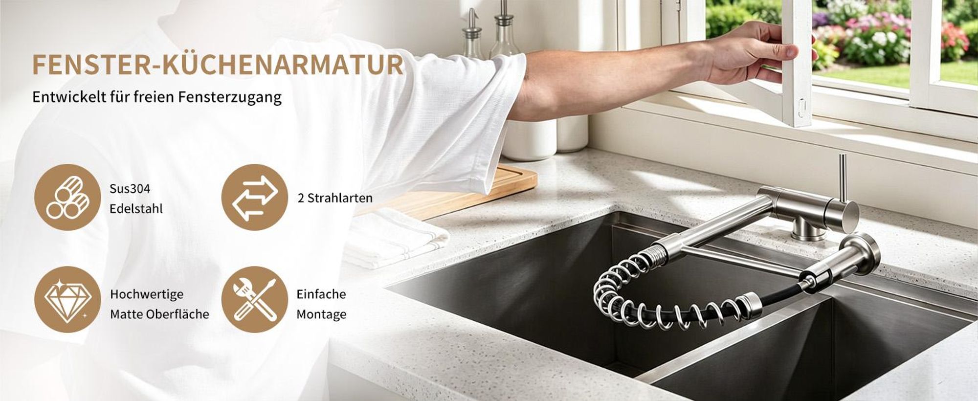 Homelody Vorfenster Küchenarmatur 90° Faltbar 360° Drehbare Hochdruck Edelstahl 304 Wasserhahn Küche mit Brause Ausziehbar 2 Strahlarten Gebürstet