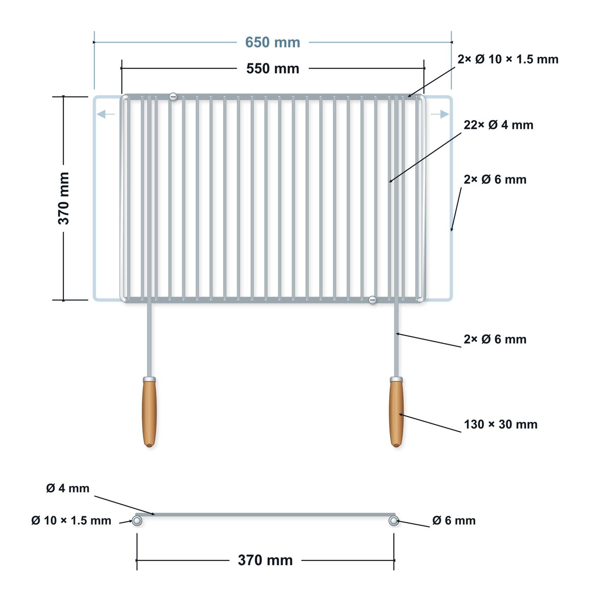 DEOS Verstellbarer Grillrost aus Edelstahl 55–65 × 37 cm mit Holzgriffen – technische Zeichnung
