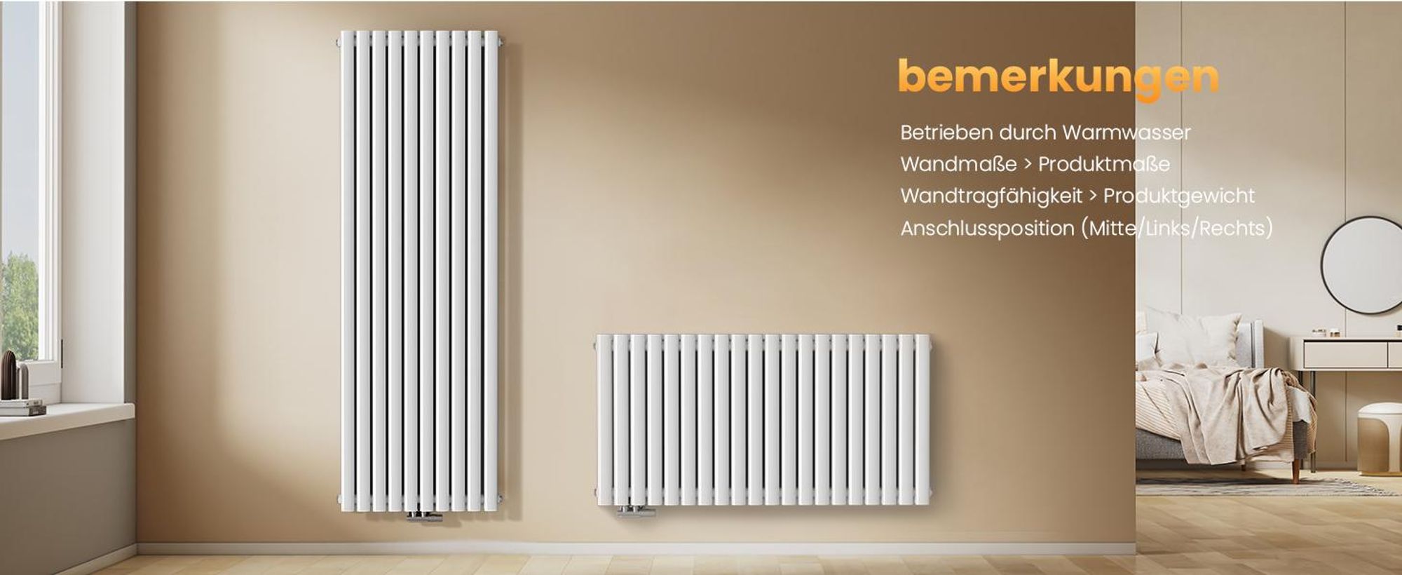 EMKE Design-Heizkörper 1800 x 600 mm Heizkörper Vertikal Weiß Ovalheizkörper Mittelanschluss Doppellagig Heizung, 2175W ohne Heizstab