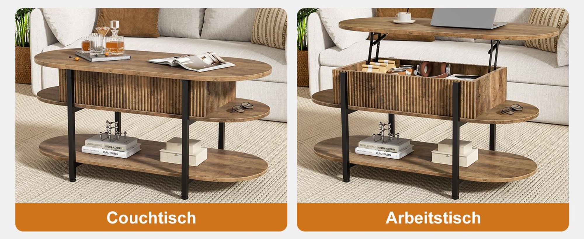 FABATO Couchtisch oval, höhenverstellbar mit verstecktem Stauraum, 3-Etagen-Design im Vintage-Eichen-Look