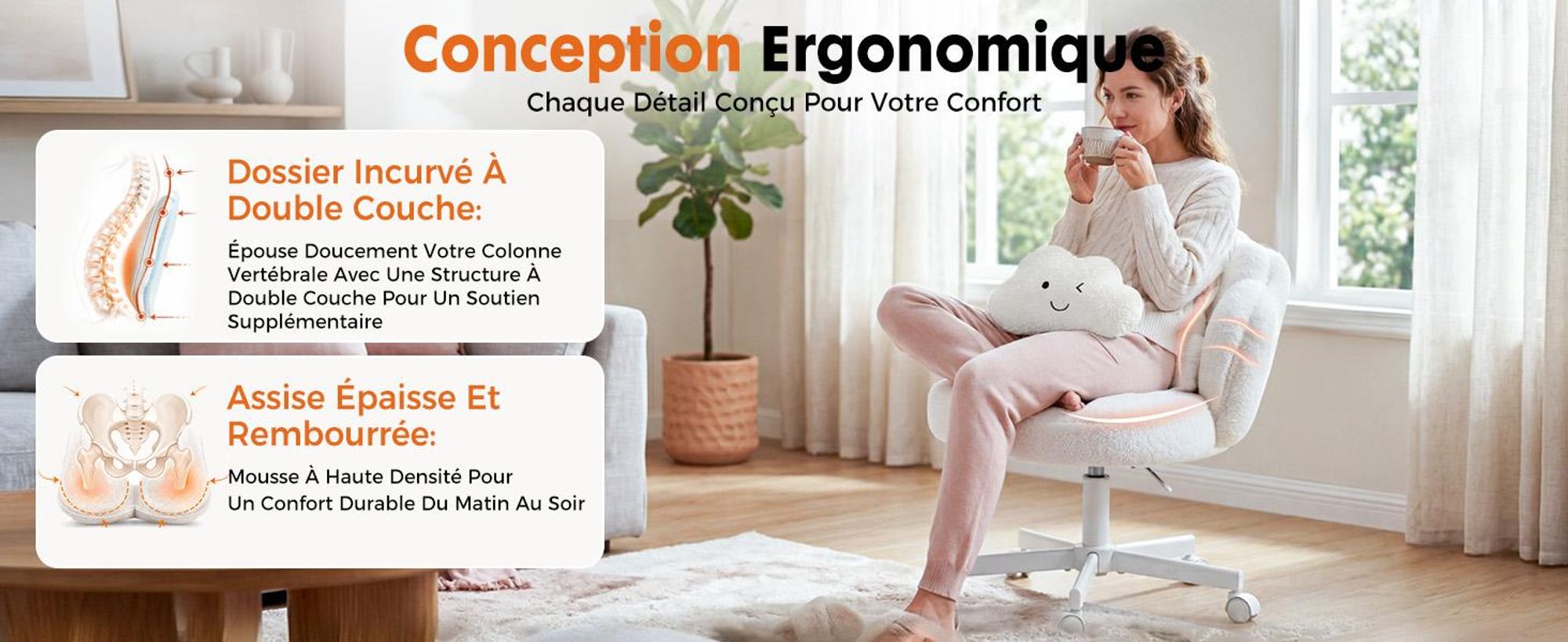 Chaise de bureau COMHOMA, chaise de maquillage à roulettes avec double dossier et coussin moelleux, chaise pivotante réglable en hauteur, tissu Teddy, blanche