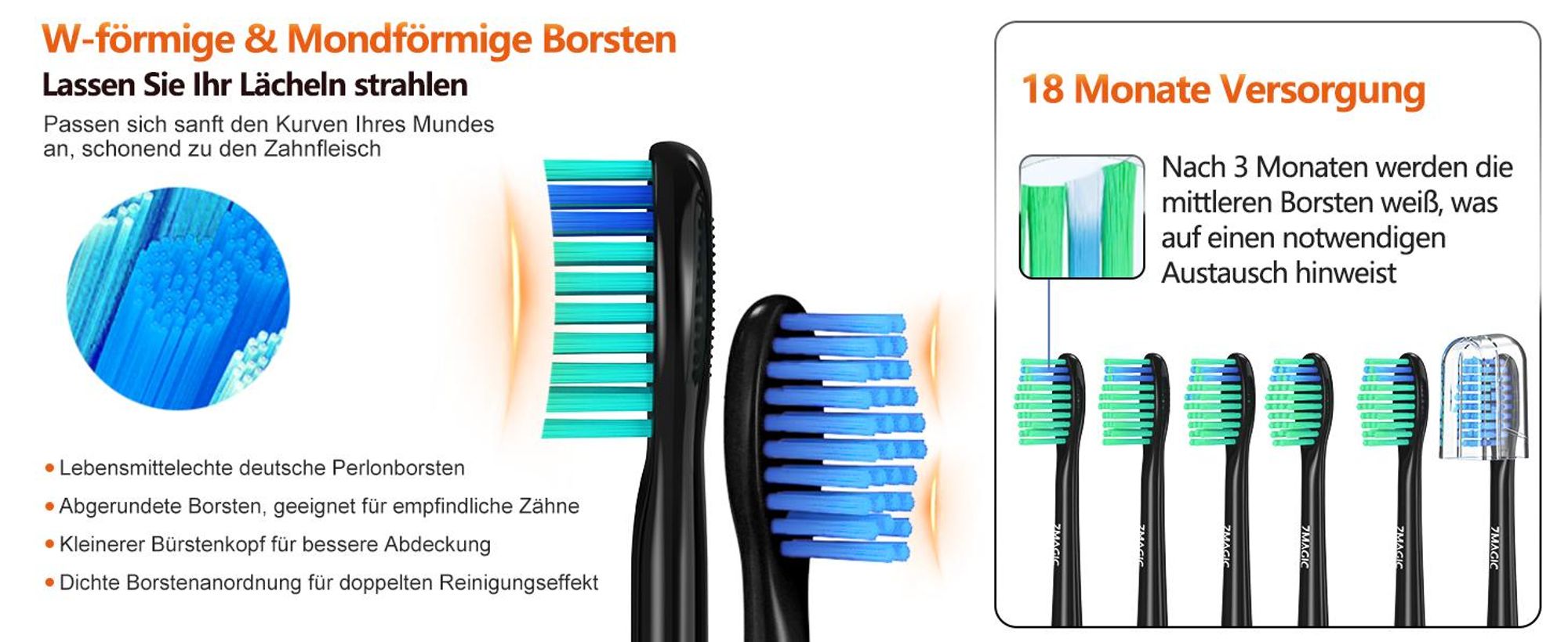 7Magic Elektrische Schallzahnbürste, Deep Clean Modi, 6 Bürstenköpfe, schnelle Aufladung für 60 Tage&40000 VPM, 5 Modi, Erwachsene und Kinder, Schwarz