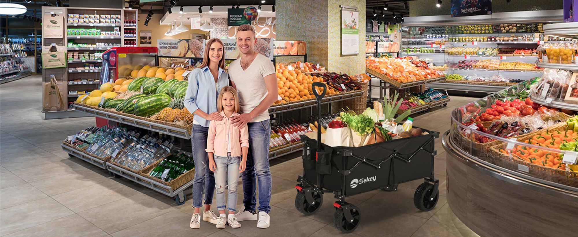 Sekey 150 KG Bollerwagen Faltbar Handwagen mit Bremsen und breiten Reifen, Schwarz