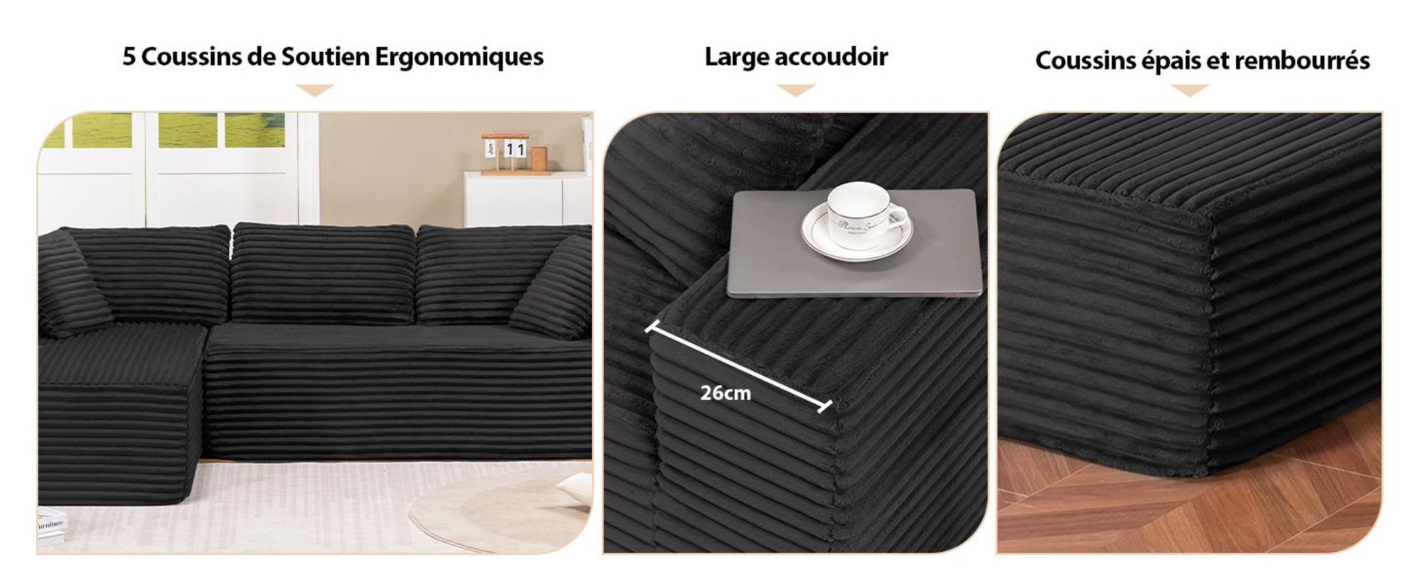 COMHOMA Sofa Big-Sofa, Canapé en L, Canapé d'angle, Chaiselongue Canapé-lit avec assise profonde et larges accoudoirs, tissu velours côtelé, noir-R