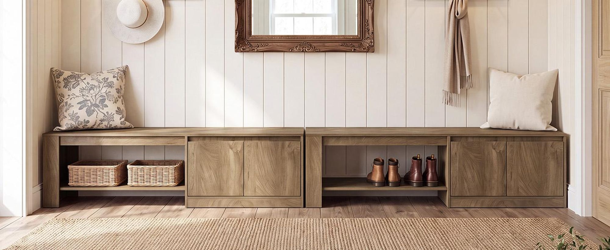 Schuhbank mit Stauraum 160 cm, Sitzbank mit Schrank und 2 Offenen Ablagen, Flurbank aus Holz für Eingangsbereich, Flur, Diele, Schlafzimmer,  Braun