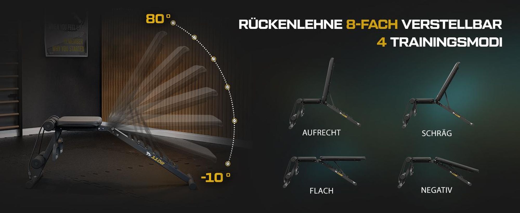 TREX SPORT Hantelbank klappbar TX-110B | Trainingsbank 7-fach verstellbare Rückenlehne | Home Gym Flachbank, Schrägbank inkl. Expander, rutschfest