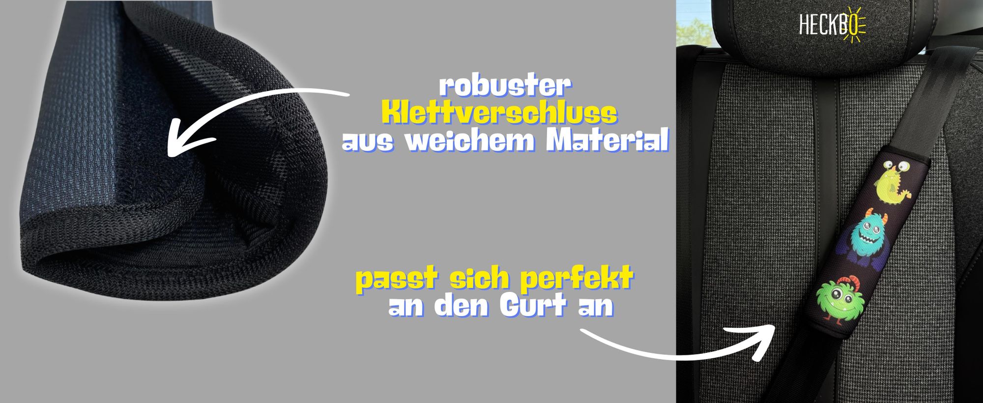 2x HECKBO Kinder Auto Gurtpolster Gurtschutz mit Monster Motiv - Sicherheitsgurt Polster für Kinder und Babys- Ideal für jeden Gurt Autositzerhöhungen Kinder Fahrradanhänger Flugzeug