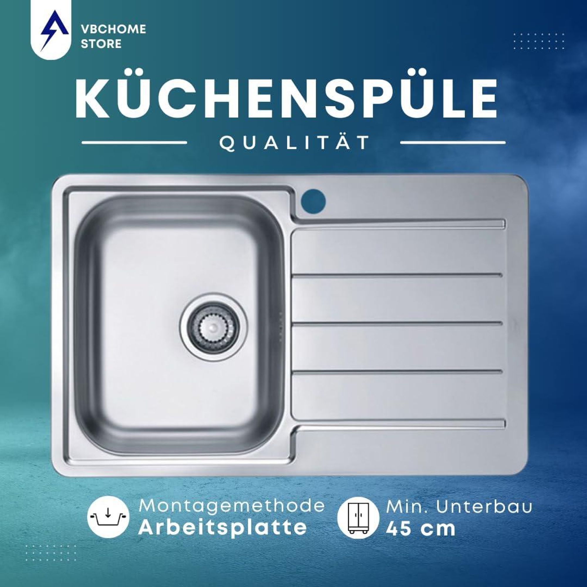 VBChome Edelstahlspüle 79 x 50 cm Satinstruktur Einbauspüle Spülbecken mit Hahnloch Abtropffläche Rechts Ablaufgarnitur Camping Küchenspüle