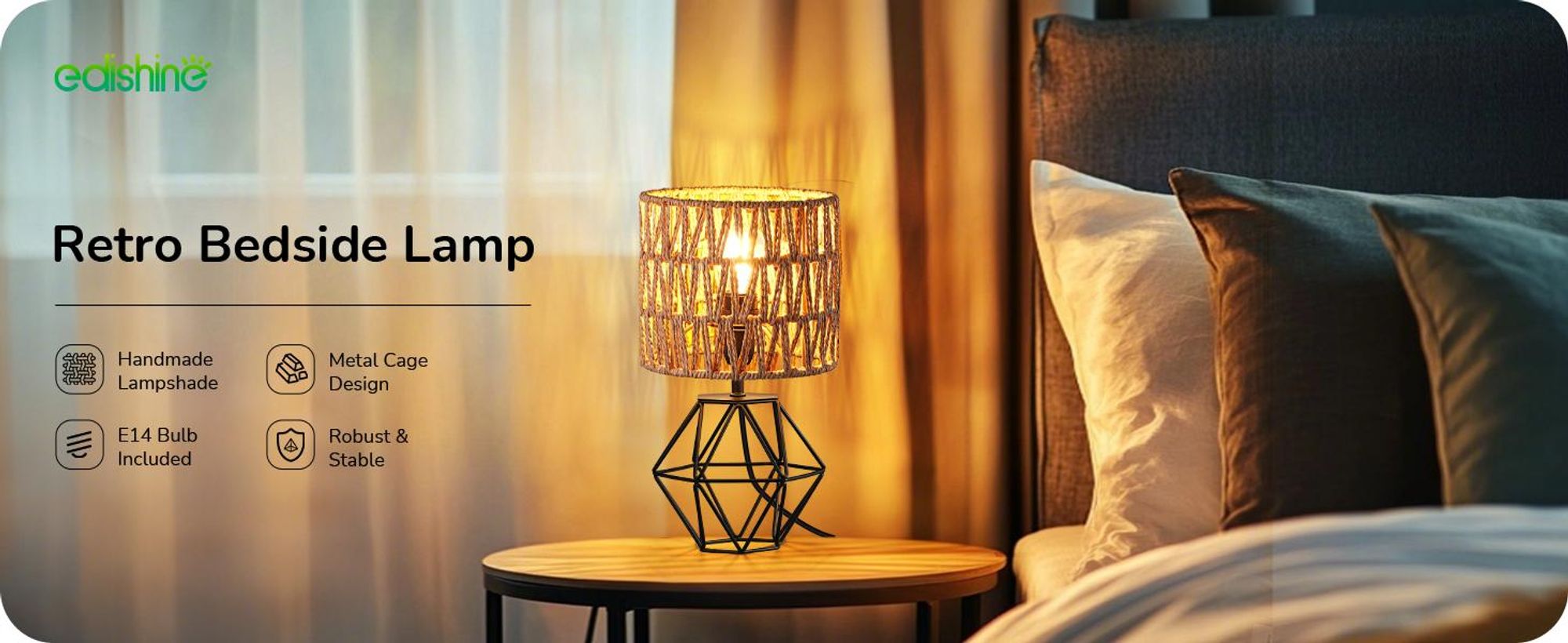 EDISHINE Tischlampe Wohnzimmer, Boho Tischleuchte, inkl. 4W LED Glühbirne, Schwarz