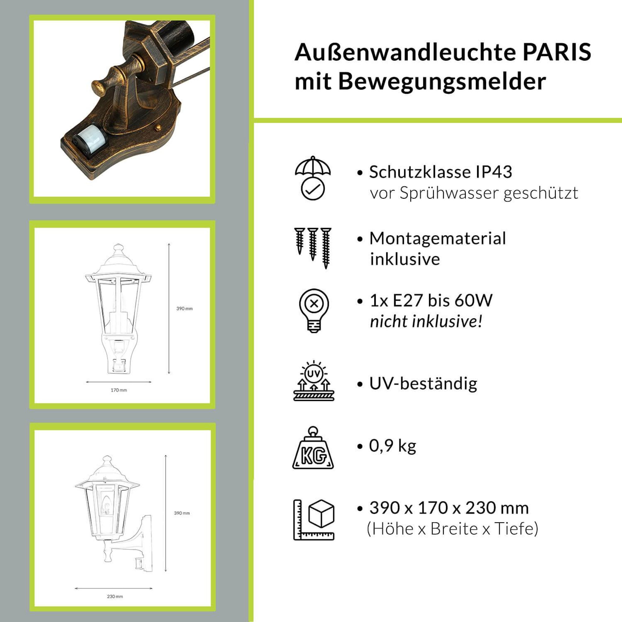 Highlights der PARIS Außenlampe für die Wand