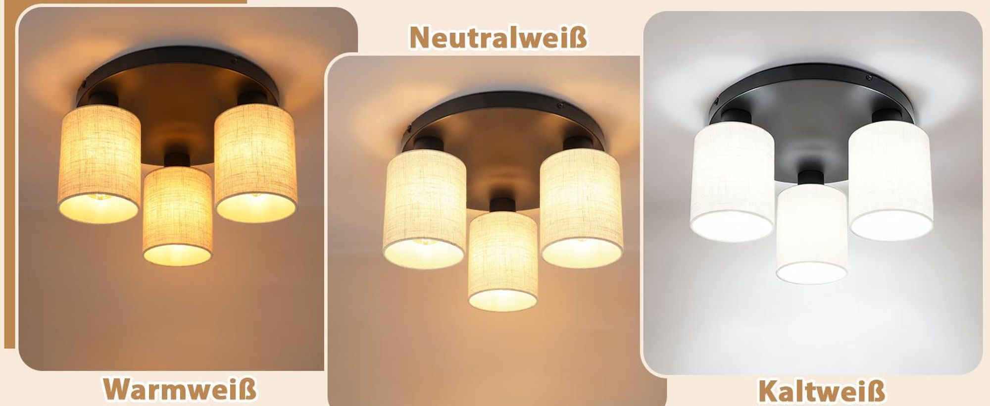 ZMH Deckenlampe Wohnzimmer Deckenleuchte Schwarz Schlafzimmerlampe Rund Flurlampe Vintage E27 3 Flammig Stoffschirm Rustikal Küche Ohne Leuchtmittel