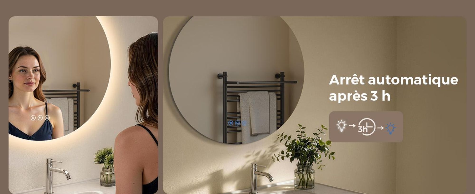 S'AFIELINA miroir de salle de bain LED rond miroir de salle de bain mural avec interrupteur tactile,3 couleurs de lumière 3000/4000/6500K 70 cm
